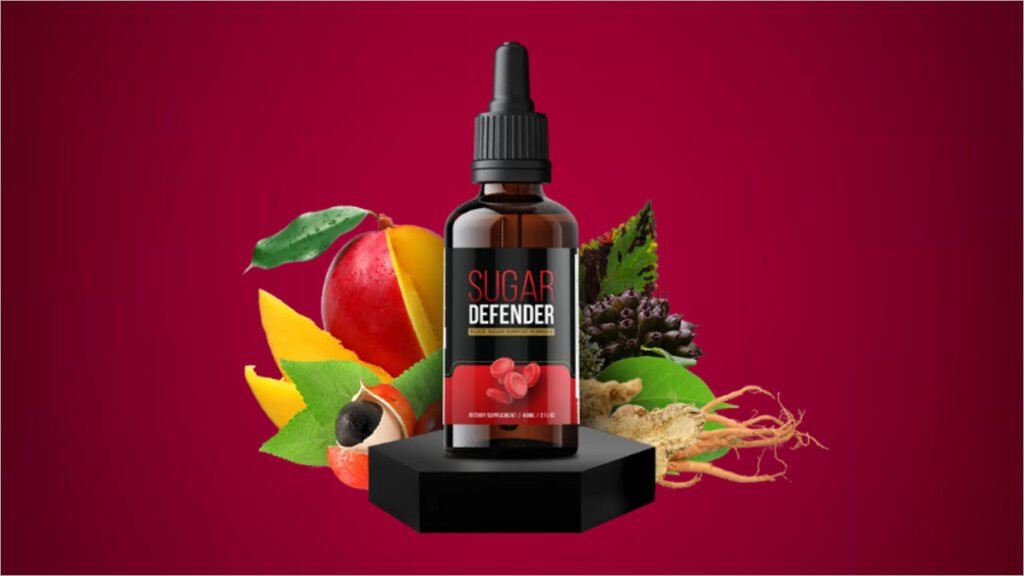 The Sugar Defender Drop bottle is surrounded by fresh fruits and vegetables, representing empowerment and healthy lifestyle choices.