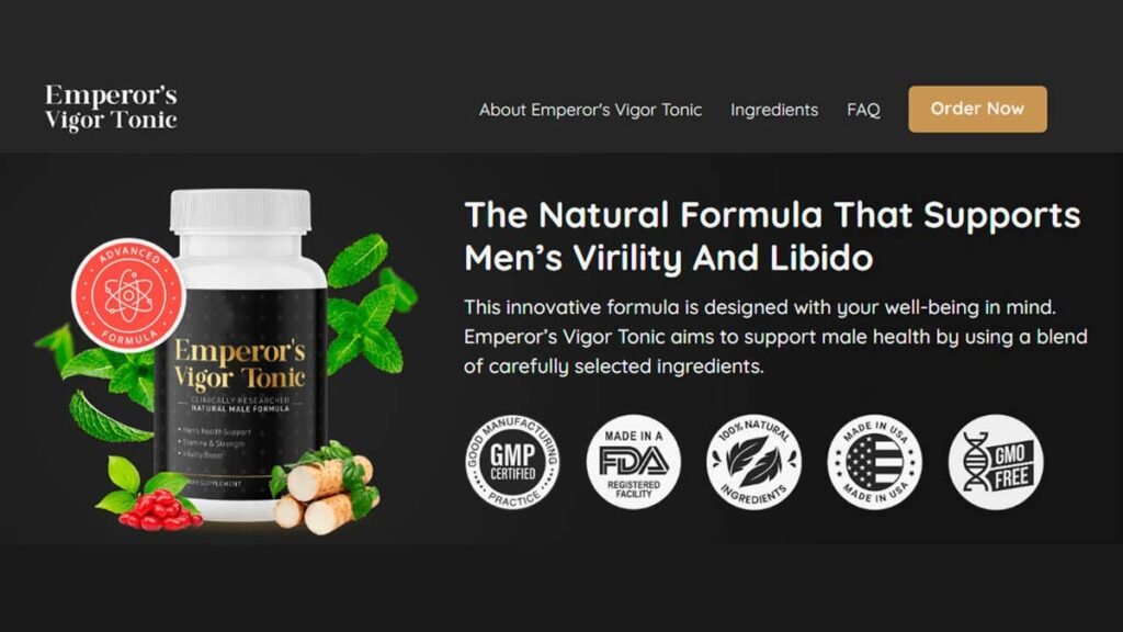 Bottles of Emperor's Vigor Tonic with text highlighting 7 hidden health benefits.