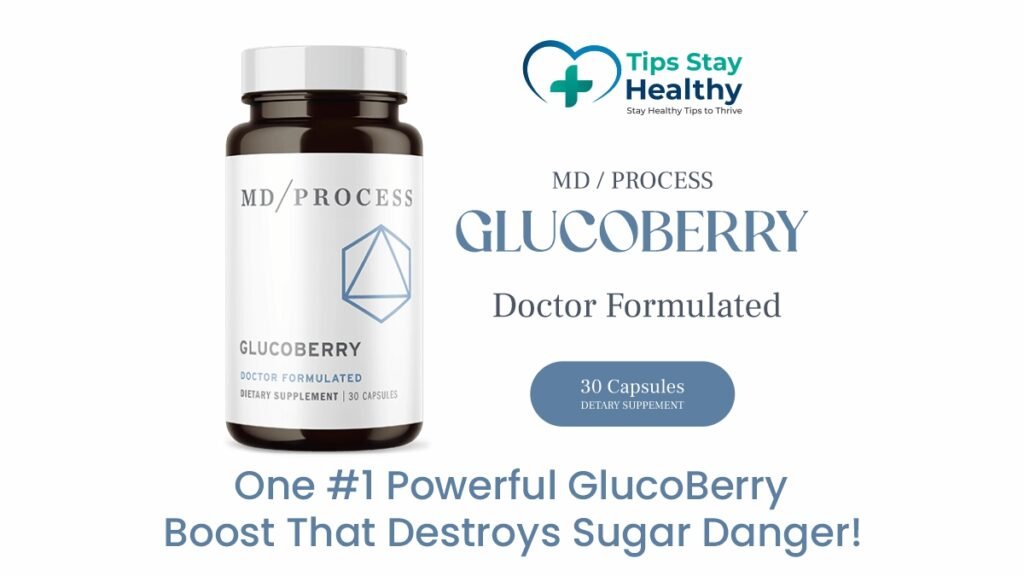 Bottle of GlucoBerry supplement showing powerful formula to destroy sugar danger and support healthy blood sugar levels