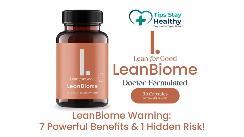 LeanBiome bottle with a list of benefits and a warning about hidden risks