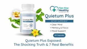 Bottle of Quietum Plus supplement with text showing 7 amazing health benefits