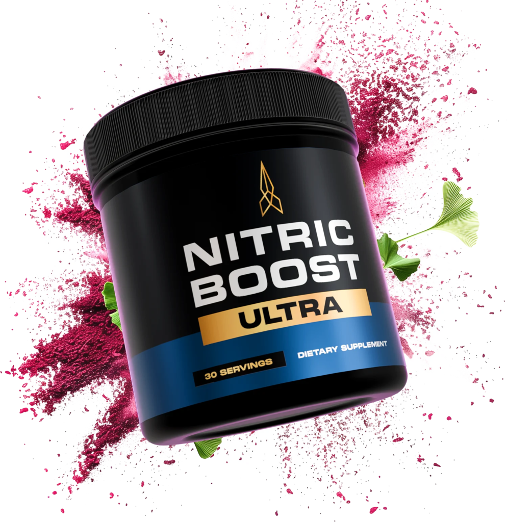 Nitric Boost supplement bottle promoting men’s health, energy, and stamina naturally.