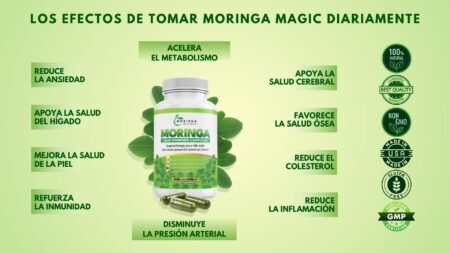 Moringa Magic supplement bottle with fresh moringa leaves – natural wellness support