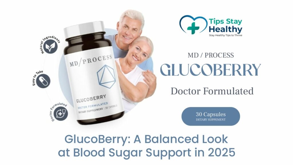 GlucoBerry supplement bottle on a kitchen counter, representing natural blood sugar support in 2025.
