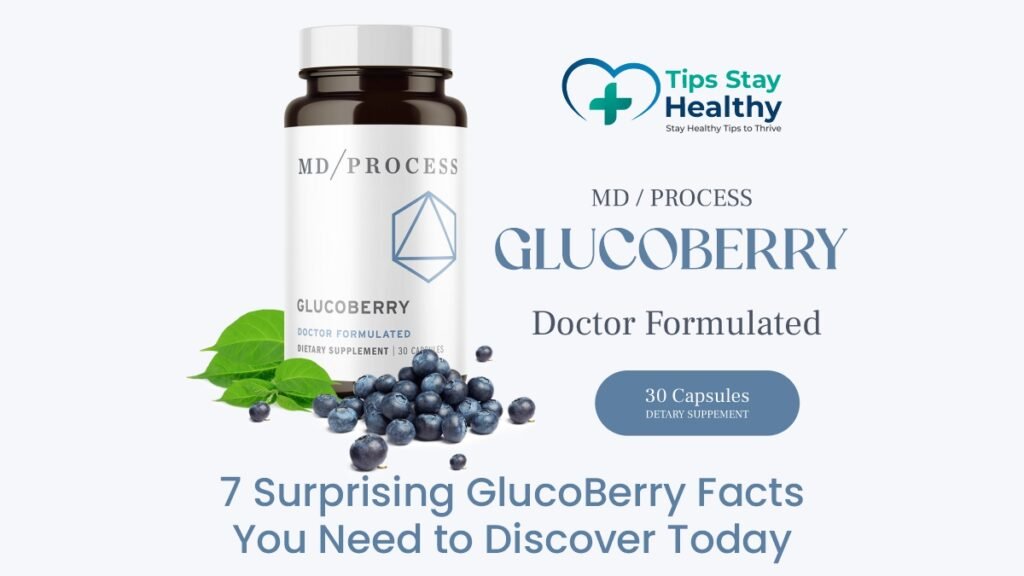 Bottle of GlucoBerry supplement with text overlay: 7 surprising facts, astonishing yet shocking